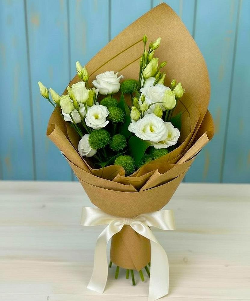 Букет цветов из: Хризантемы и Лизиантусы в Доры