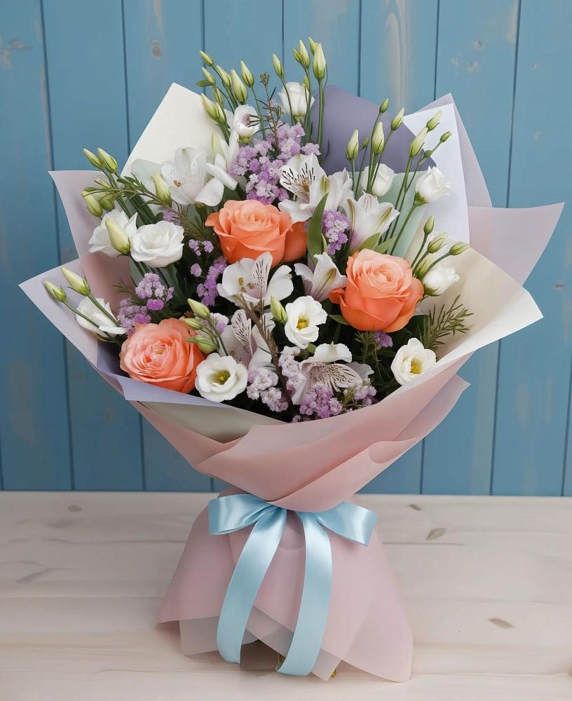 Букет цветов из: Лизиантусы, Розы, Альстромерии и Гипсофила в Доры