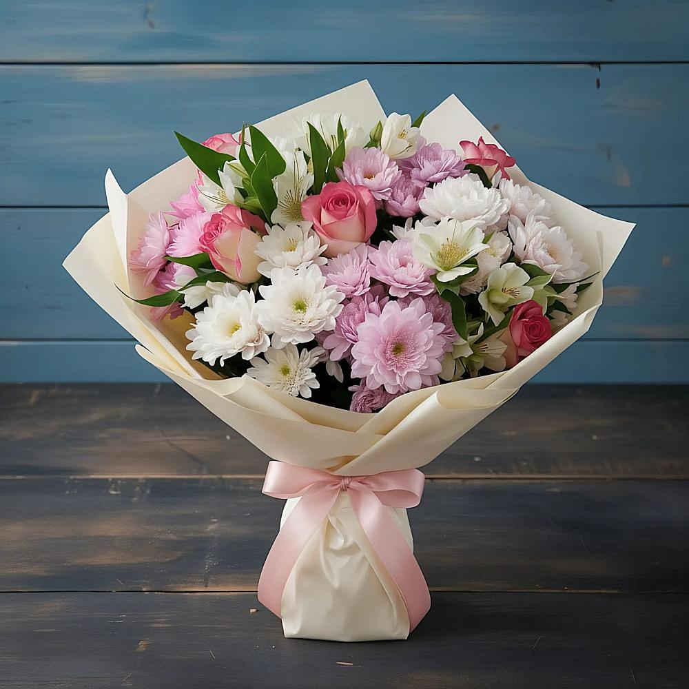 Букет цветов из: Хризантемы, Альстромерии и Розы в Доры